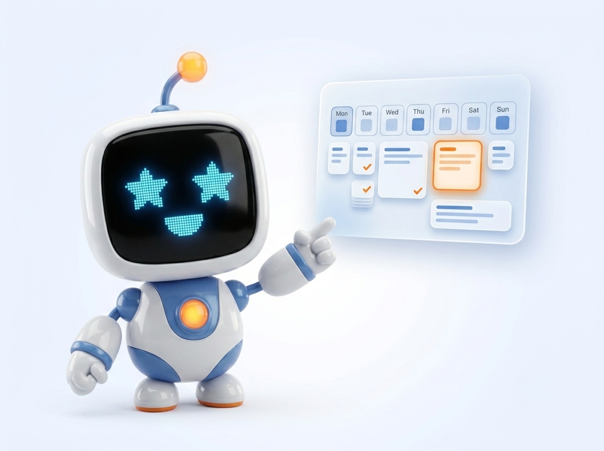 StackBuddy's robot mascot with a weekly writing calendar